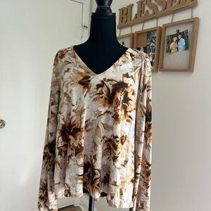 Jennifer Lopez Cream and Brown Floral Blouse